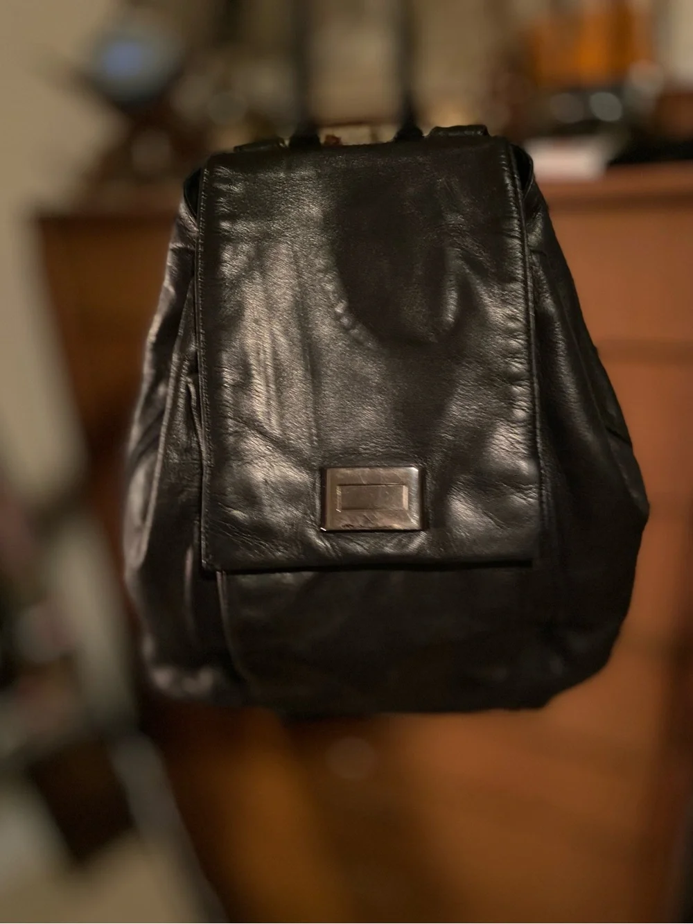 Perlina Black Leather Backpack with Silver Clasp